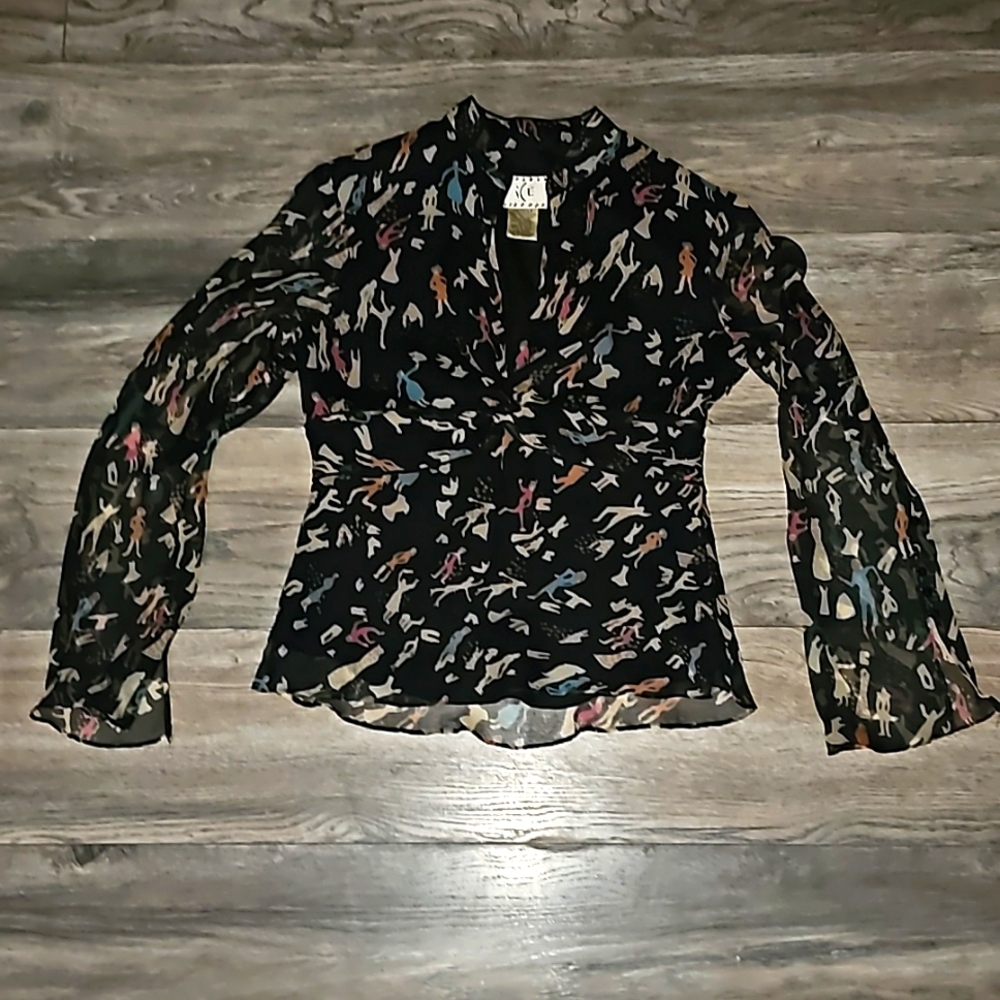 ICE Blouse y2k people print silk v-neckline long semi sheer sleeves 😍 B2